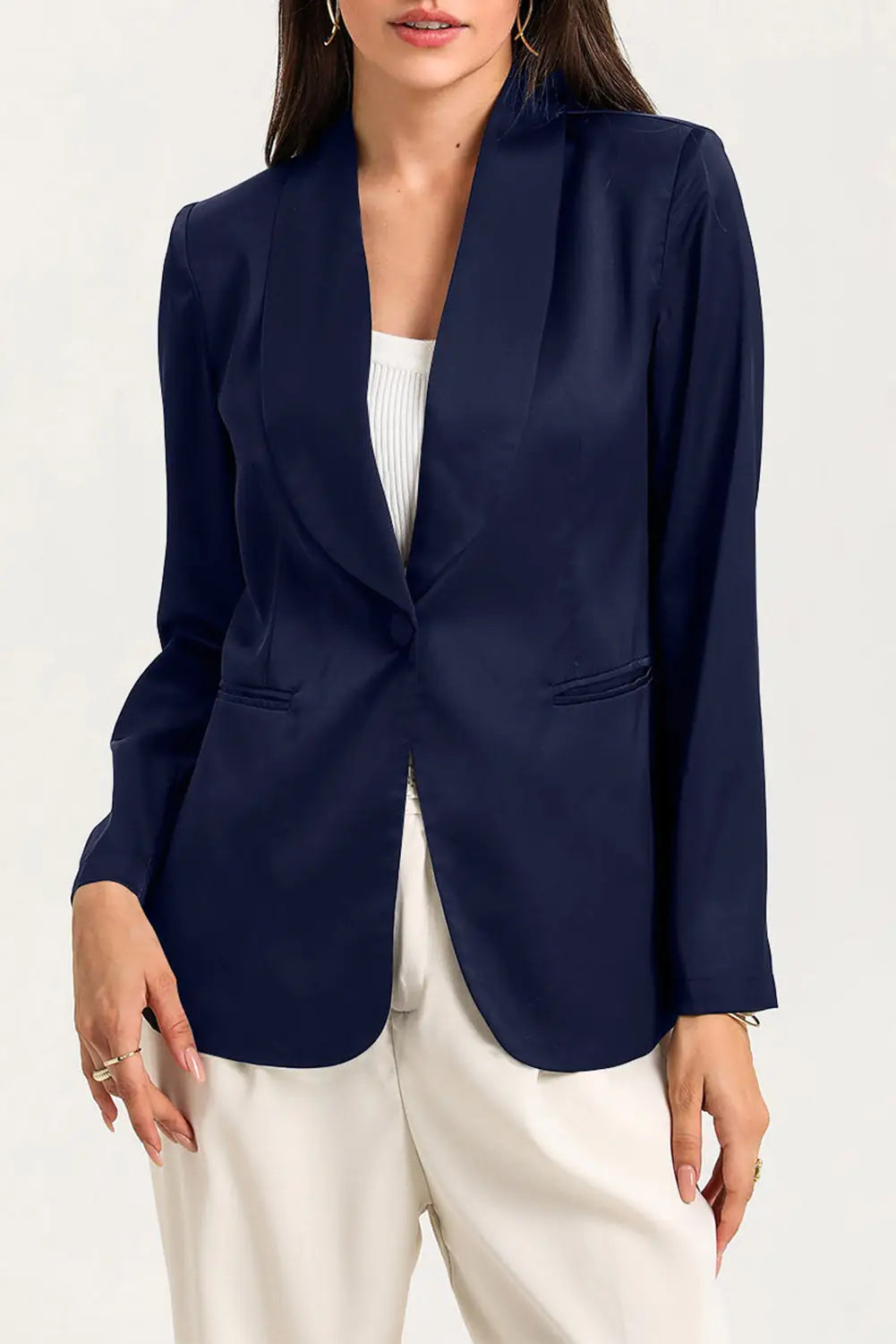 Black Collared Neck Single Breasted Blazer with Pockets-11