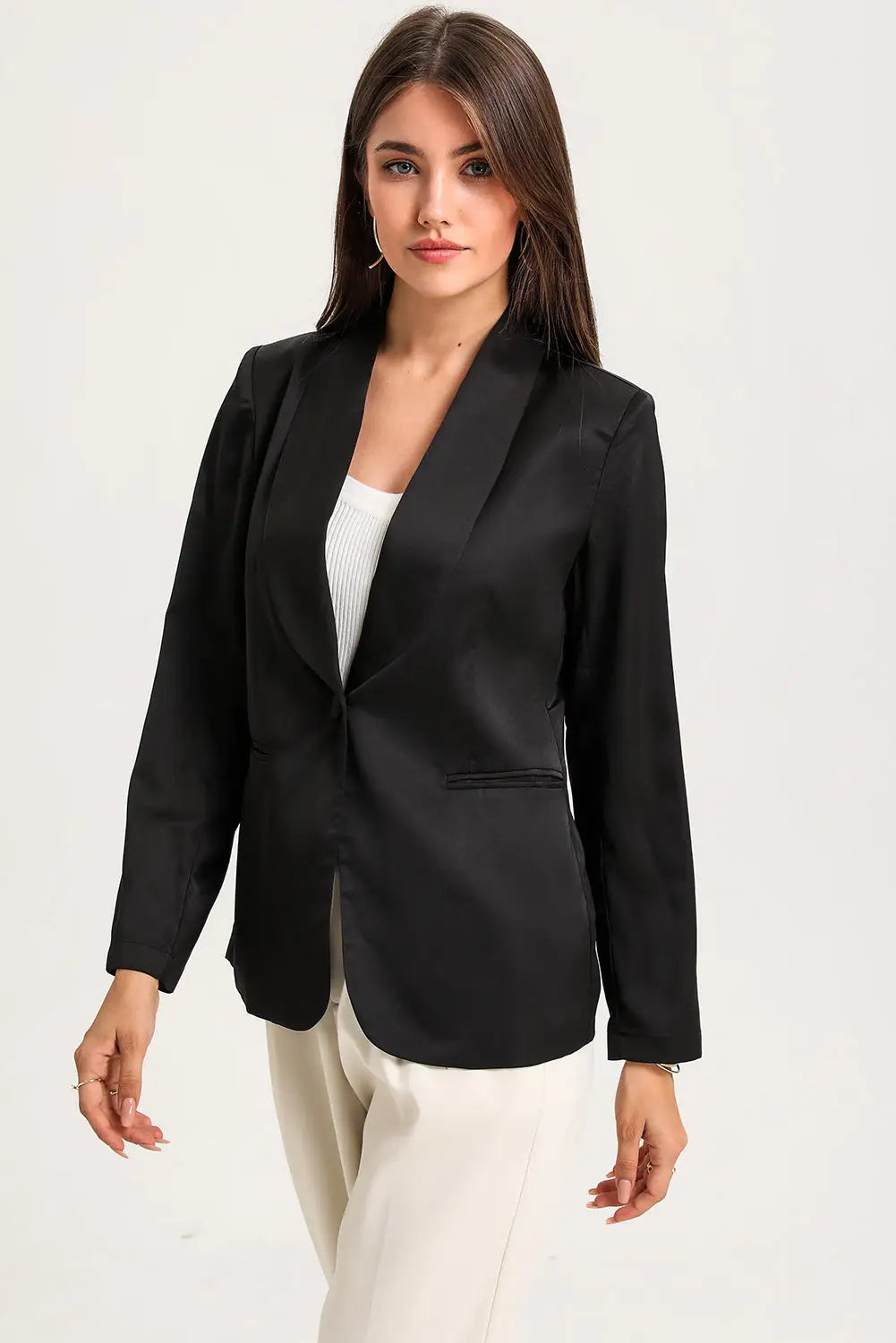 Black Collared Neck Single Breasted Blazer with Pockets-2