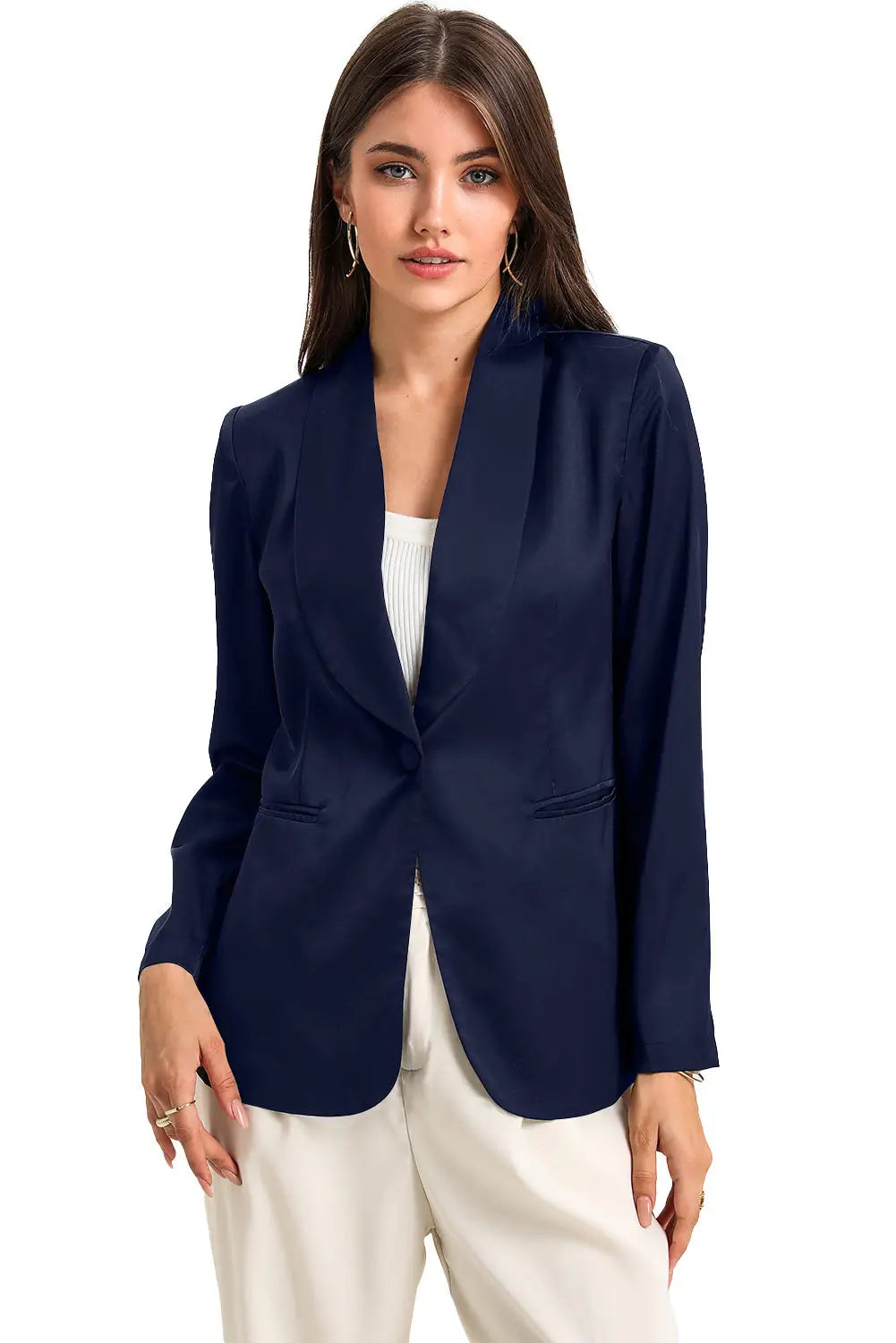 Black Collared Neck Single Breasted Blazer with Pockets-12