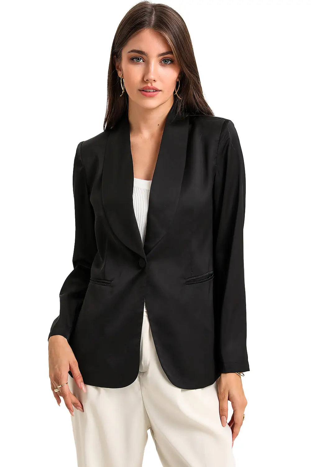 Black Collared Neck Single Breasted Blazer with Pockets-6