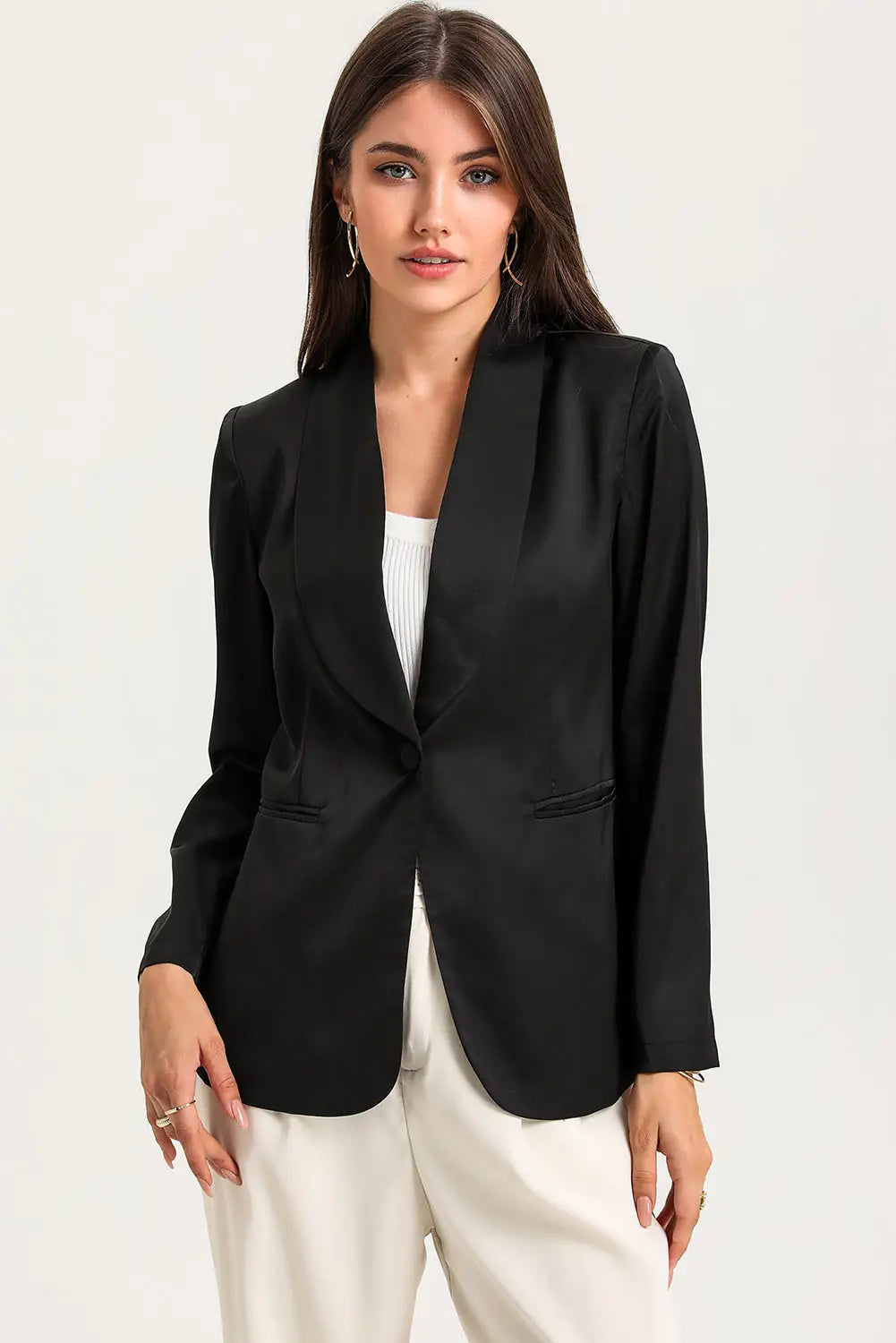 Black Collared Neck Single Breasted Blazer with Pockets-0