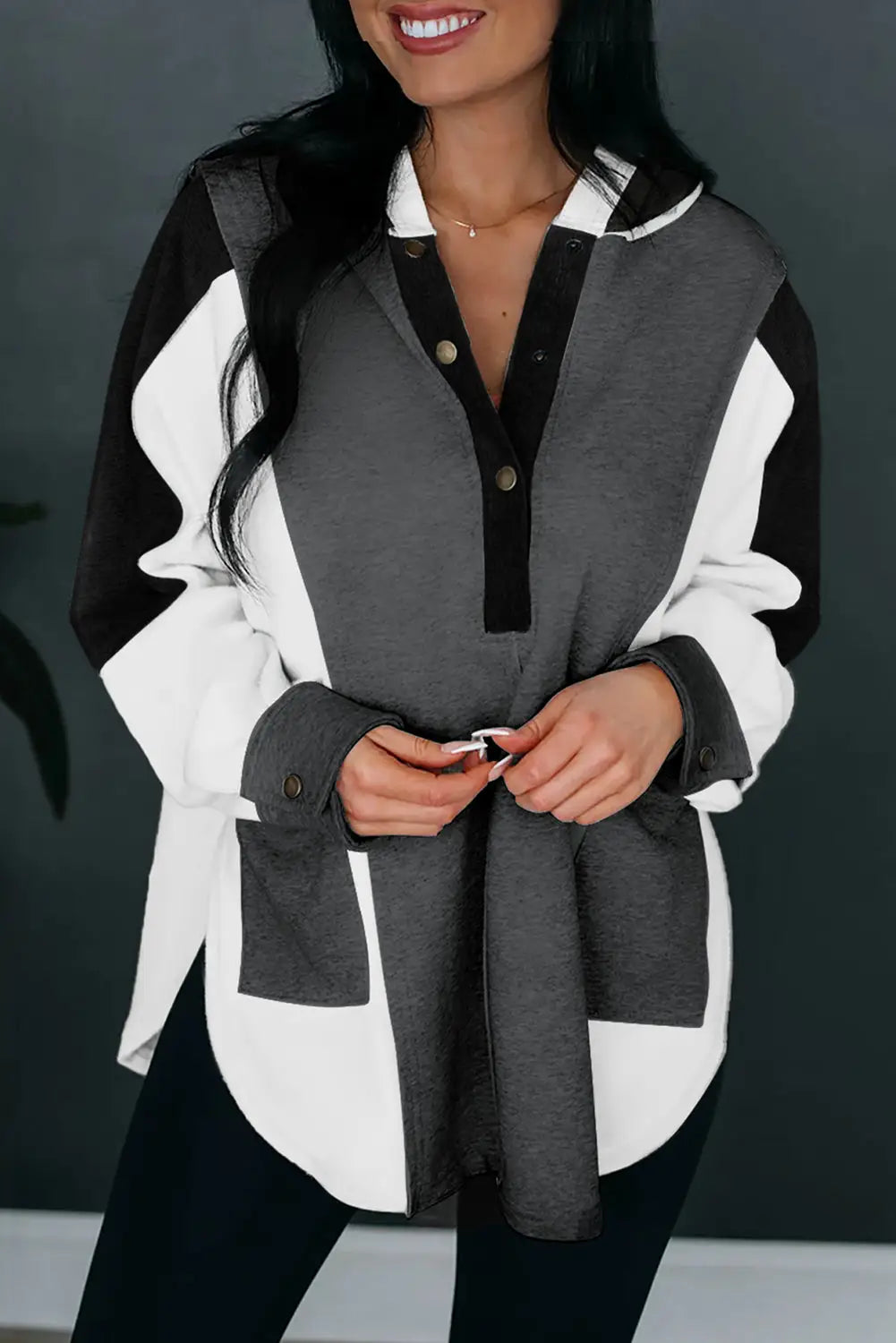 Black Color Block Exposed Seam Buttoned Neckline Hoodie-0