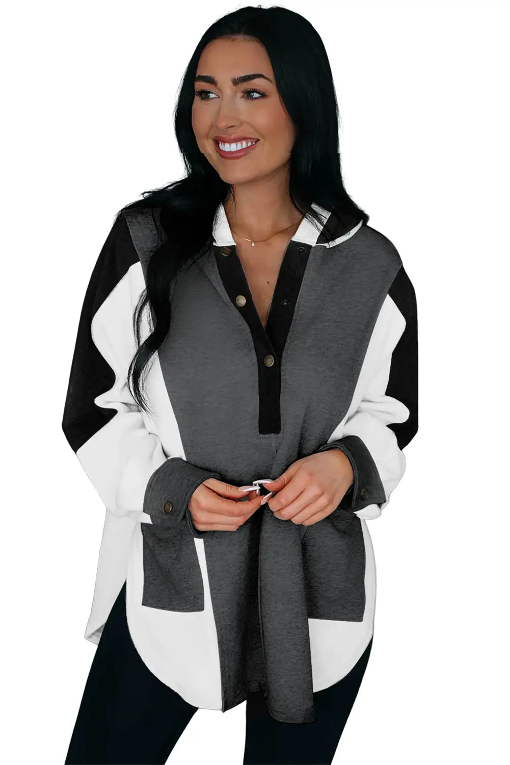 Black Color Block Exposed Seam Buttoned Neckline Hoodie-4