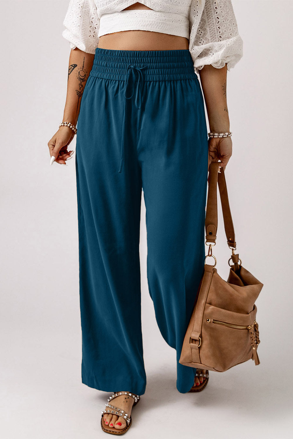 Black Drawstring Elastic Waist Casual Wide Leg Pants-30