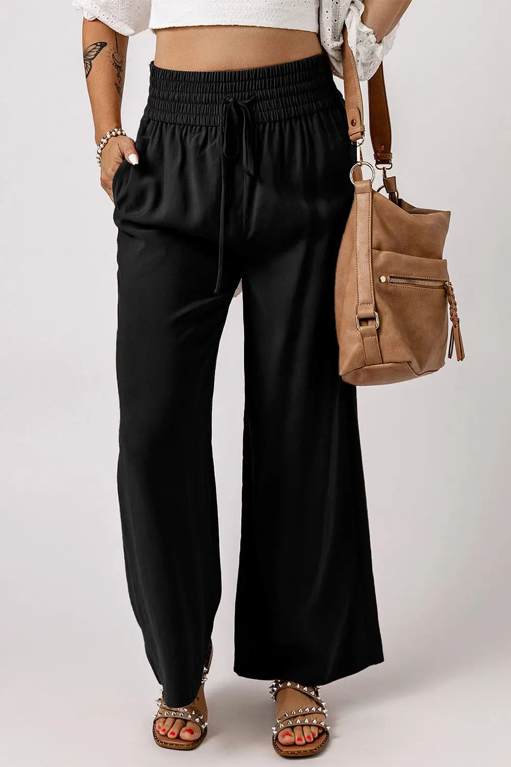 Black Drawstring Elastic Waist Casual Wide Leg Pants-1