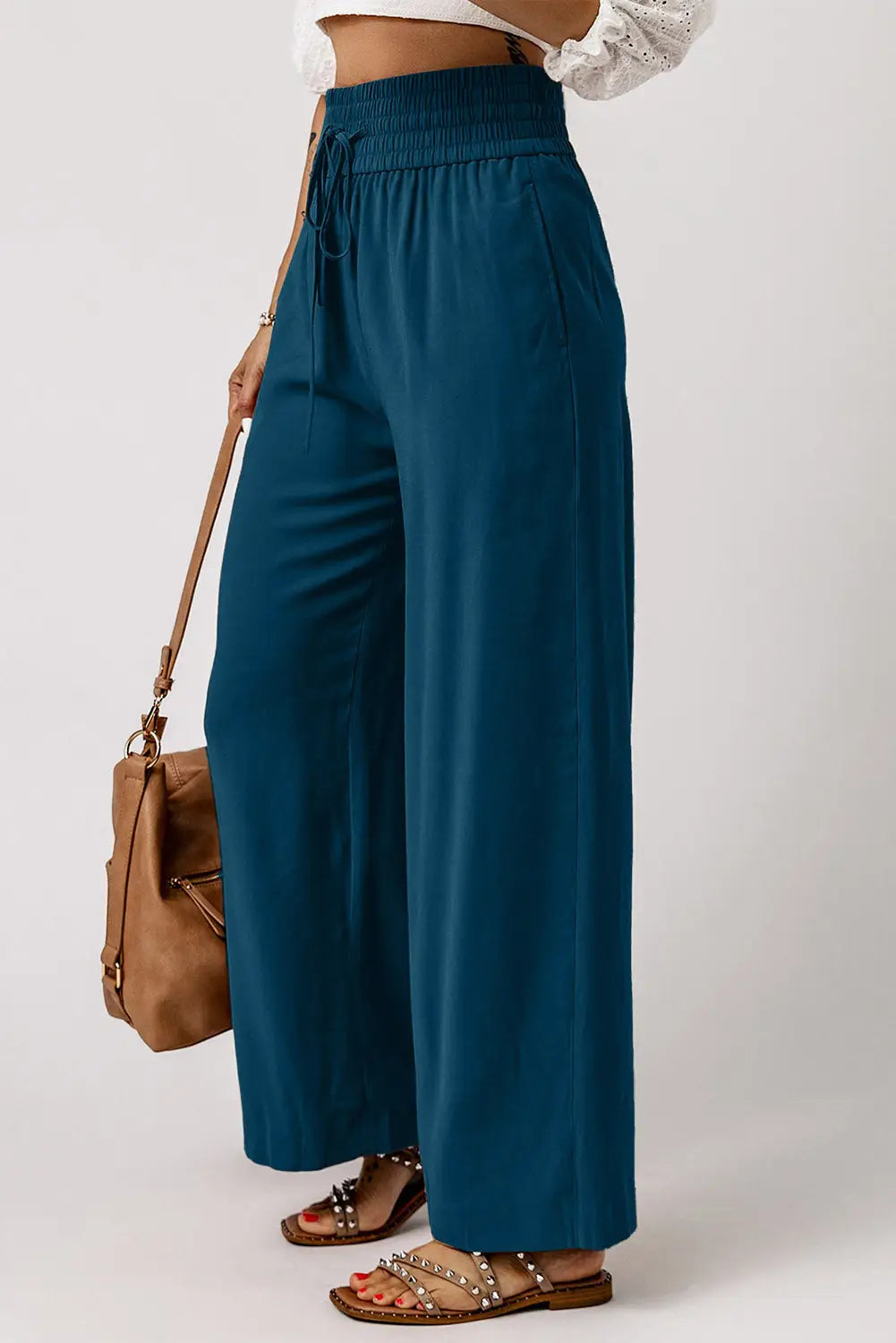 Black Drawstring Elastic Waist Casual Wide Leg Pants-33