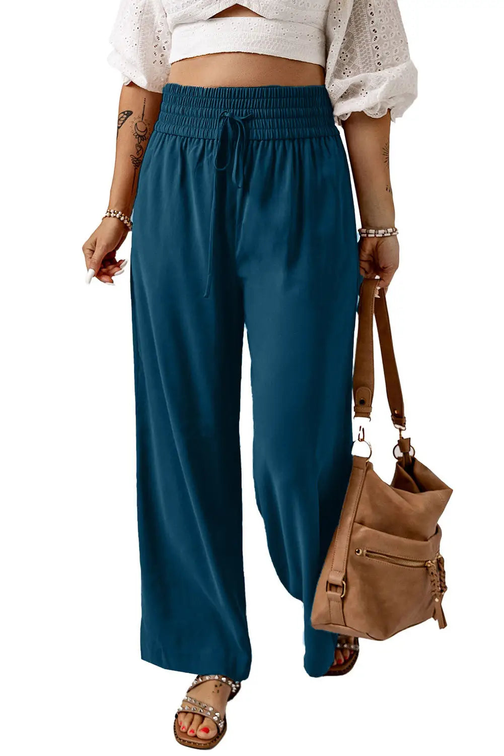 Black Drawstring Elastic Waist Casual Wide Leg Pants-35