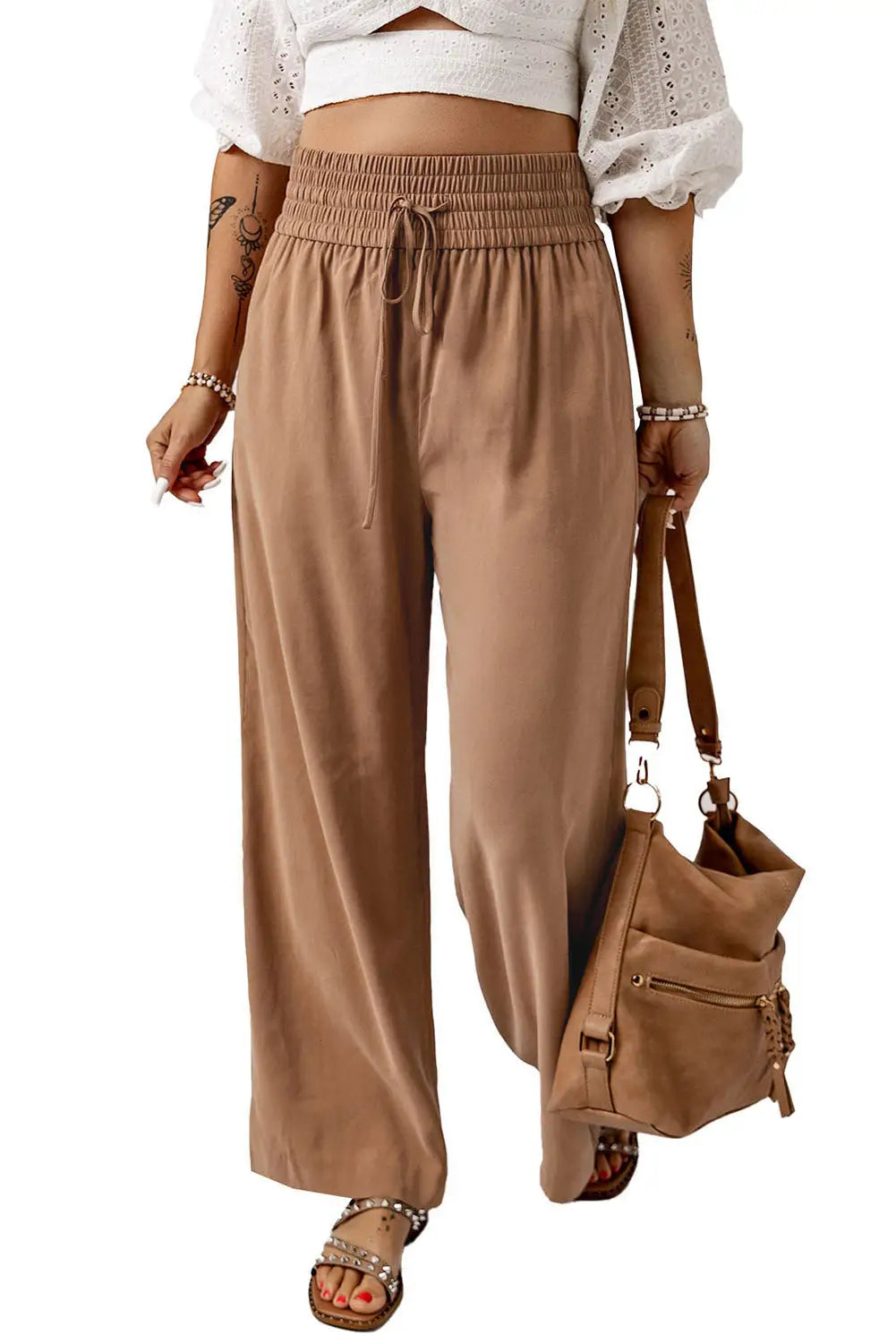 Black Drawstring Elastic Waist Casual Wide Leg Pants-29