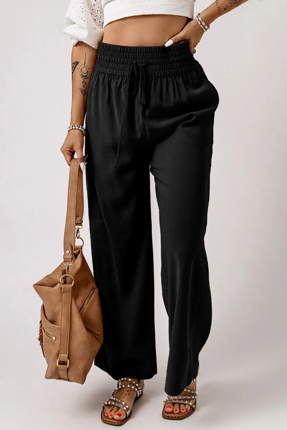 Black Drawstring Elastic Waist Casual Wide Leg Pants-4