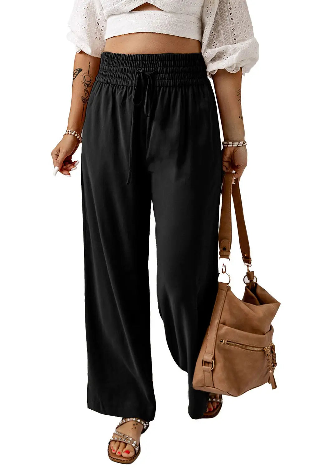 Black Drawstring Elastic Waist Casual Wide Leg Pants-16