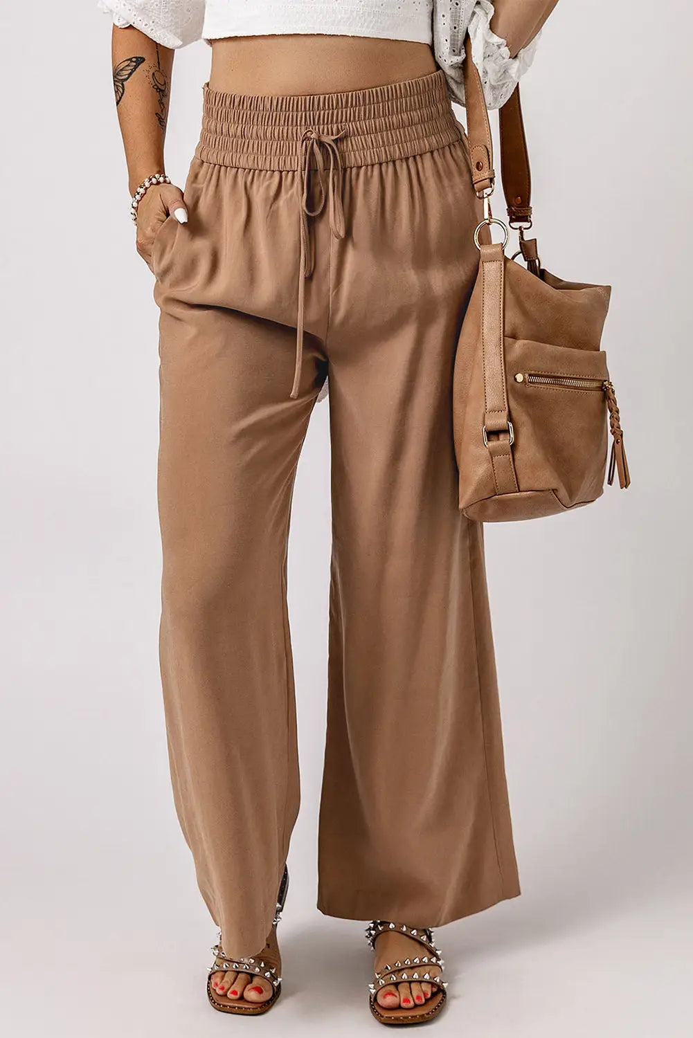 Black Drawstring Elastic Waist Casual Wide Leg Pants-20