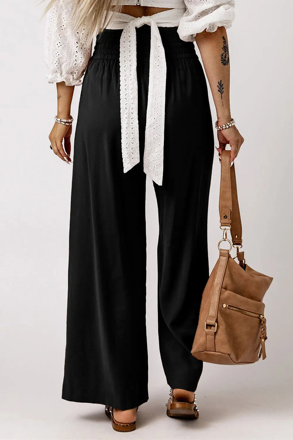 Black Drawstring Elastic Waist Casual Wide Leg Pants-2