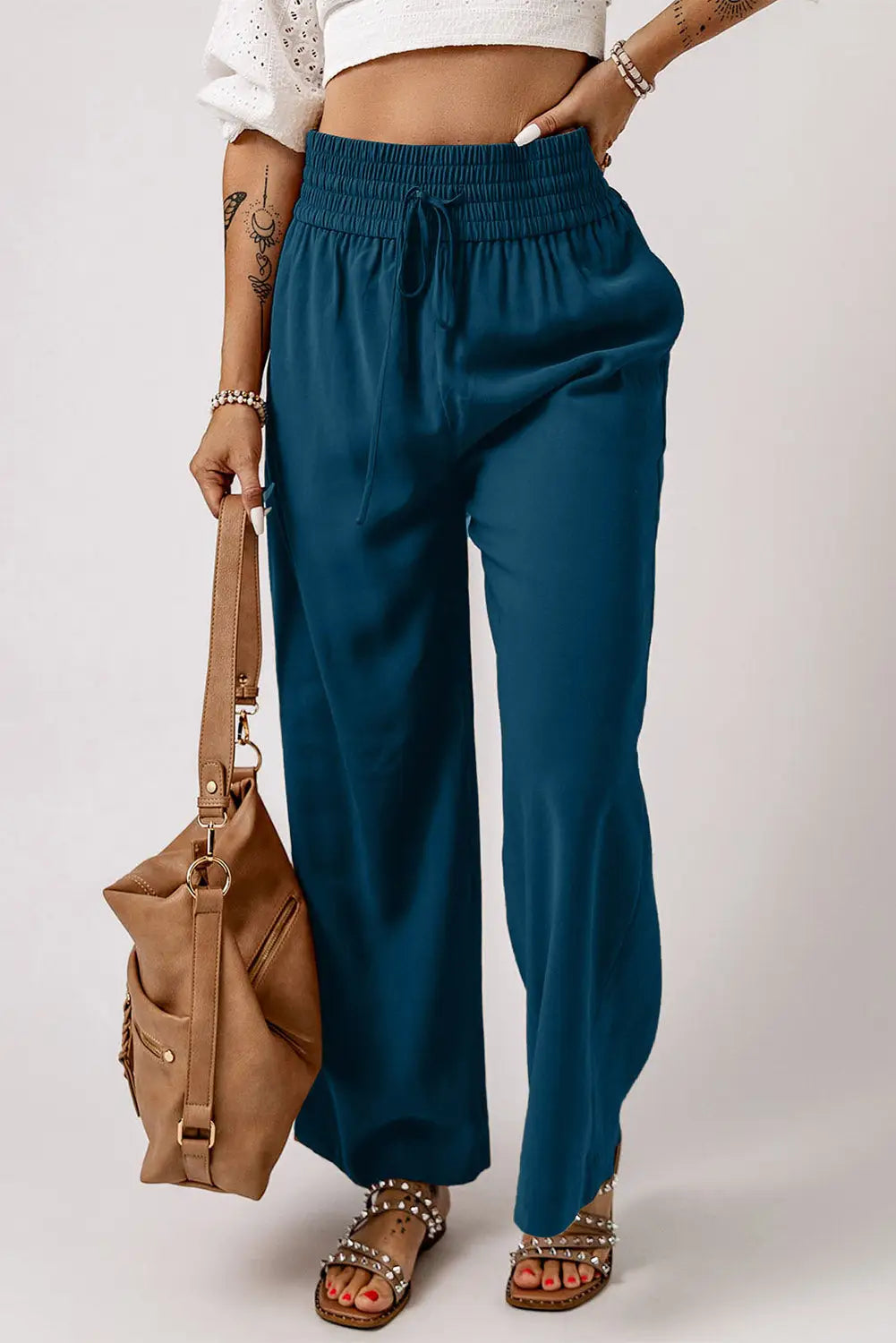 Black Drawstring Elastic Waist Casual Wide Leg Pants-34