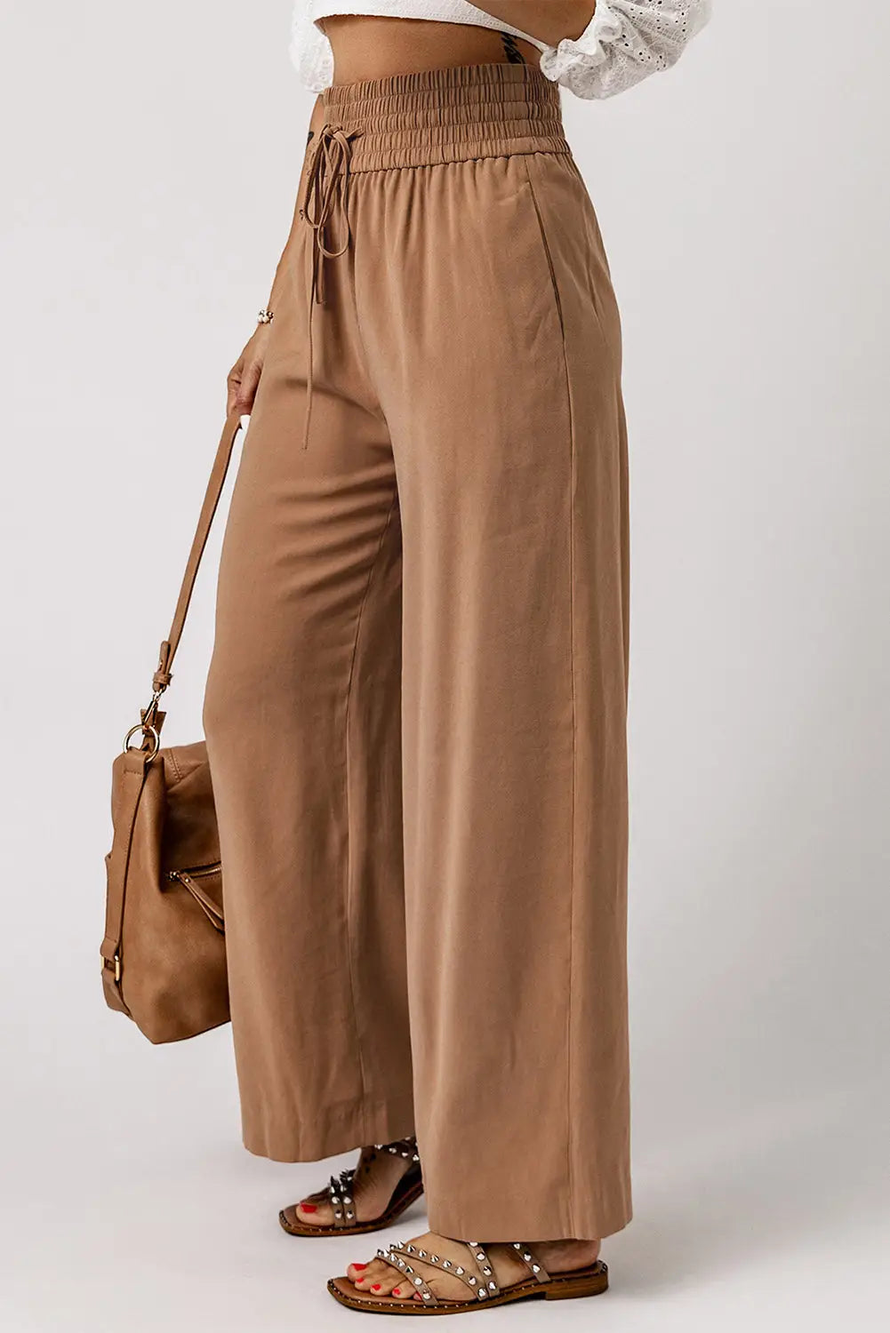 Black Drawstring Elastic Waist Casual Wide Leg Pants-19