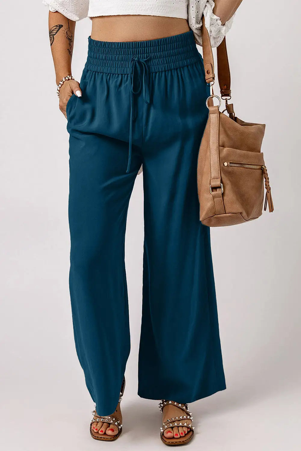 Black Drawstring Elastic Waist Casual Wide Leg Pants-31