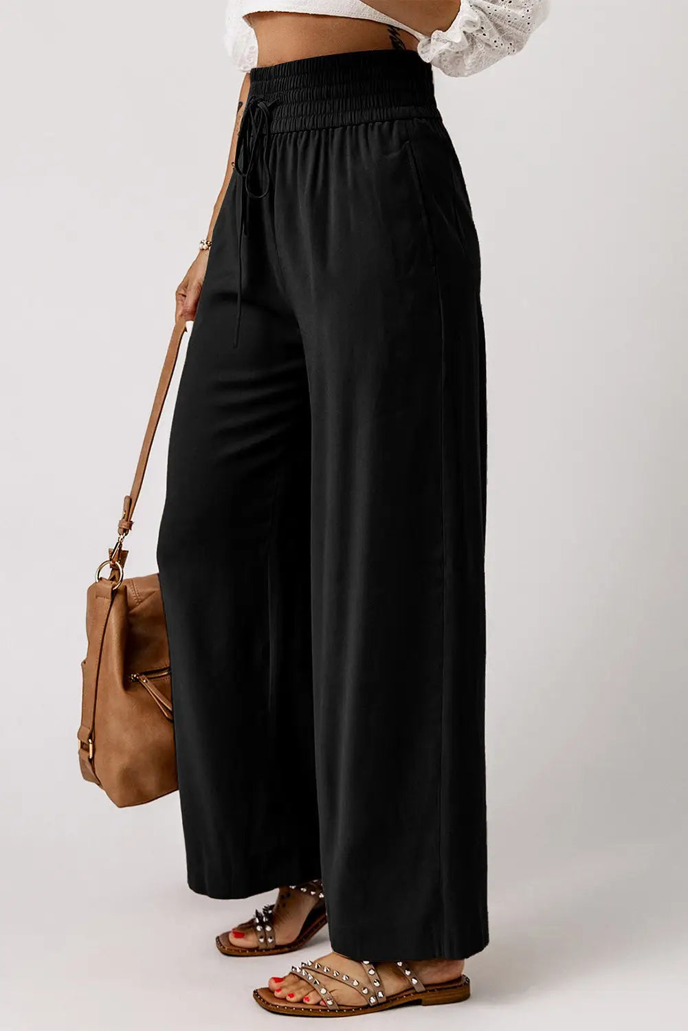 Black Drawstring Elastic Waist Casual Wide Leg Pants-3