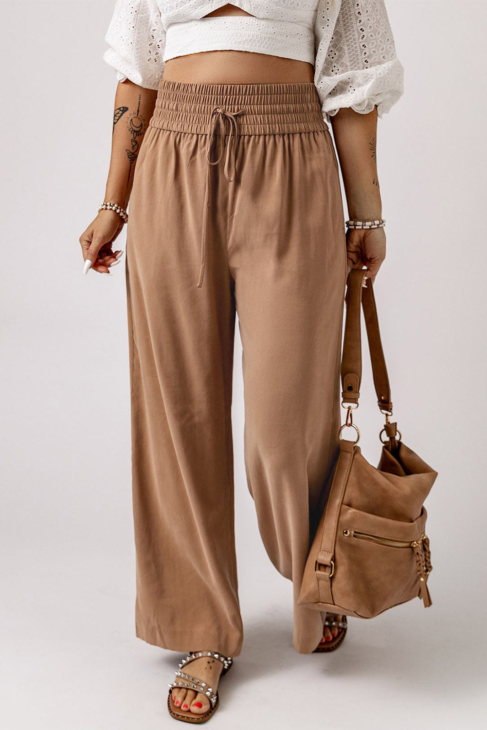 Black Drawstring Elastic Waist Casual Wide Leg Pants-18