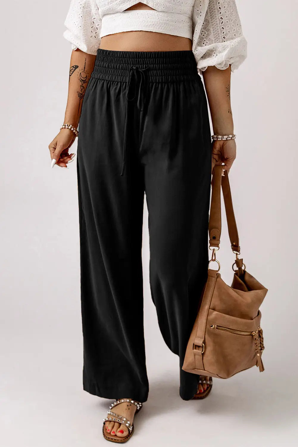 Black Drawstring Elastic Waist Casual Wide Leg Pants-0