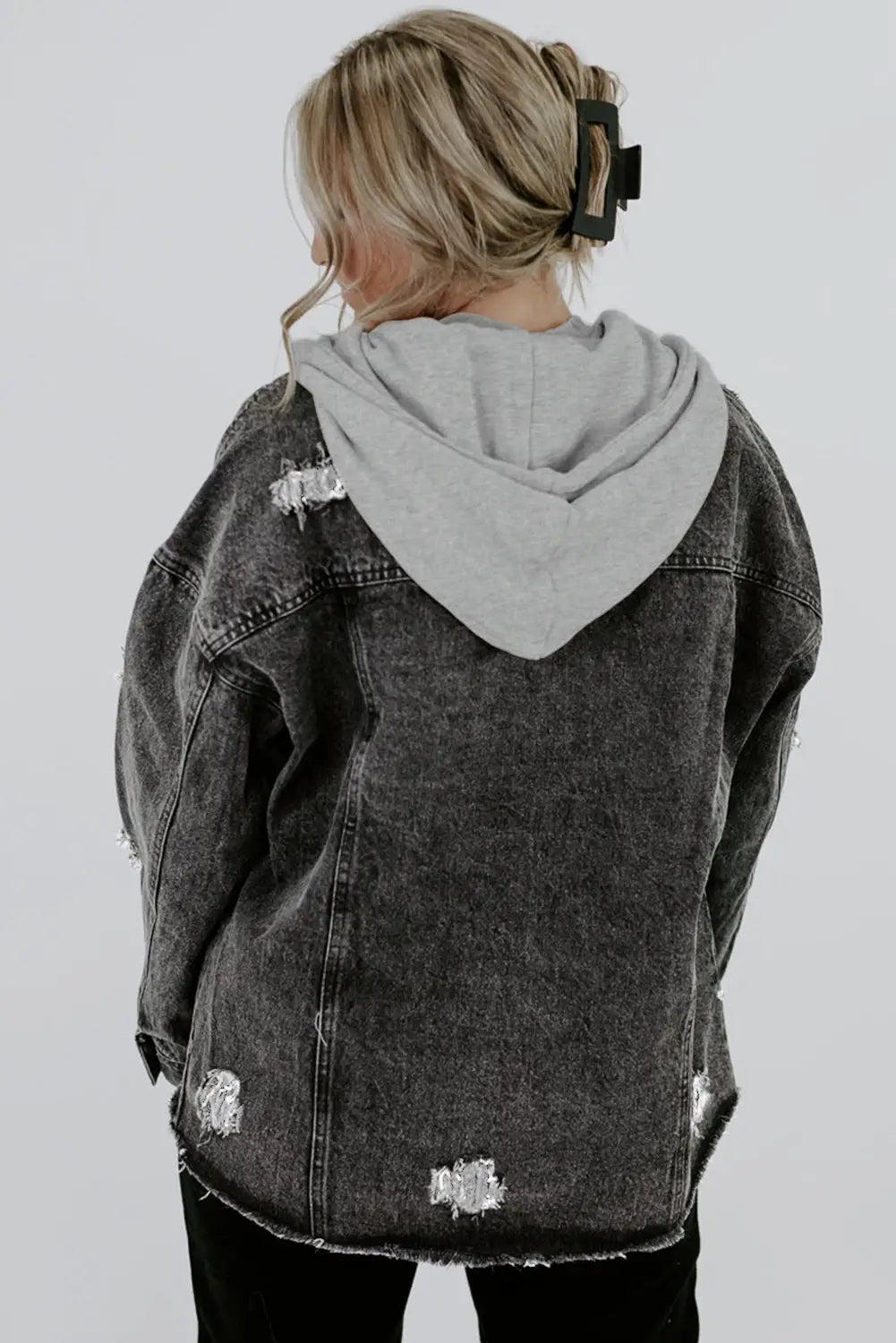 Black Drawstring Hooded Frayed Denim Jacket-1