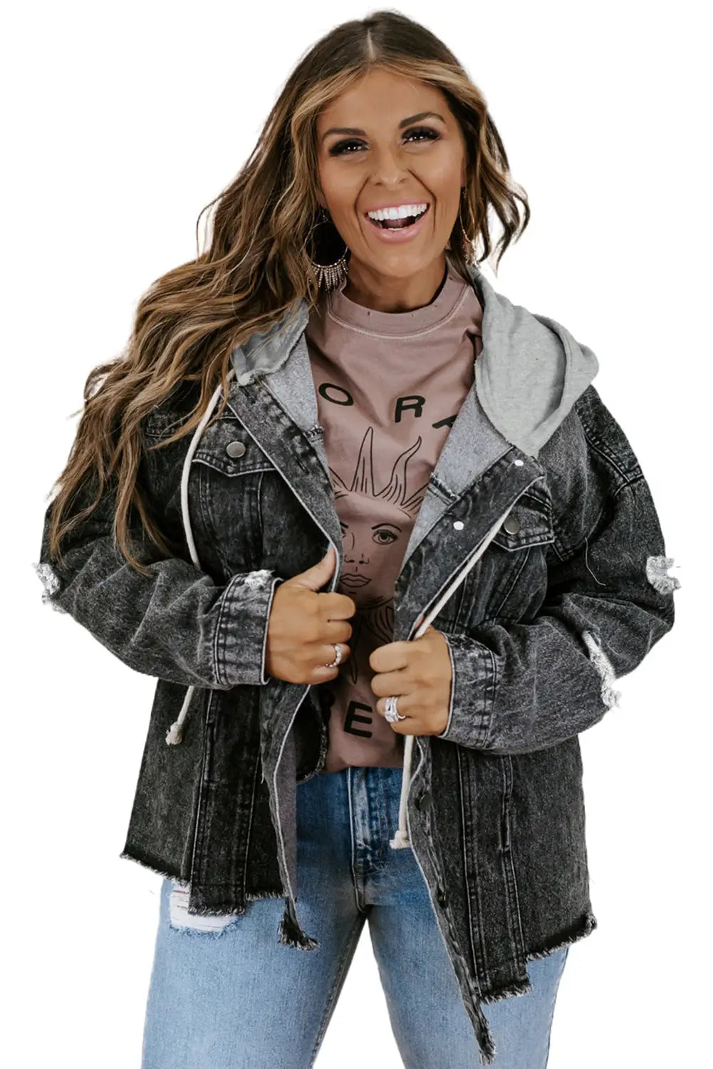 Black Drawstring Hooded Frayed Denim Jacket-4