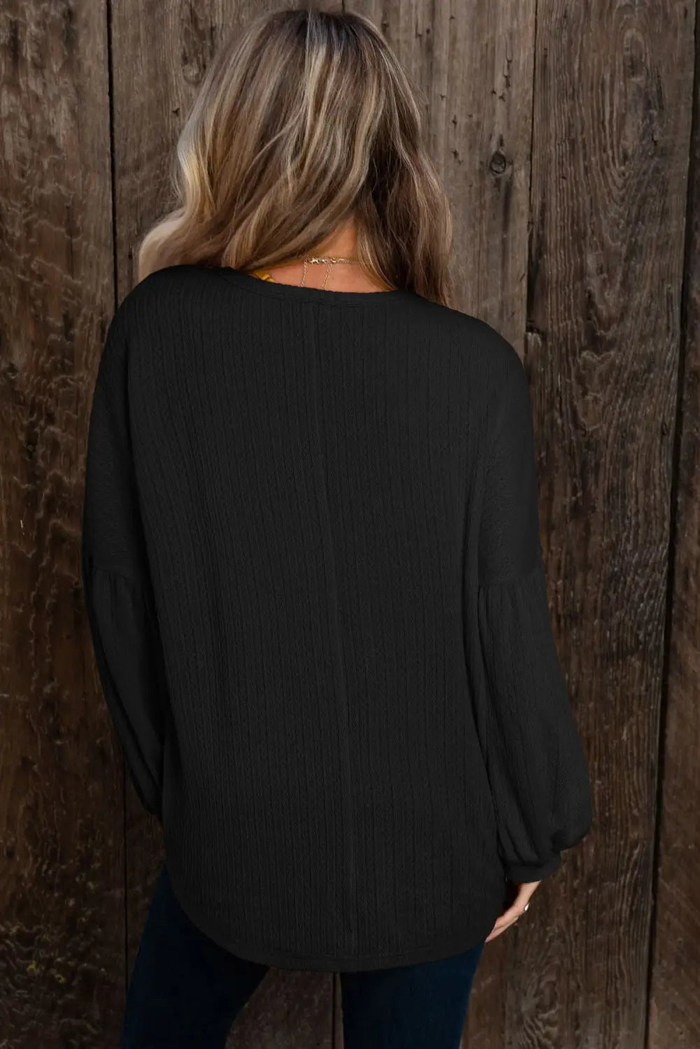 Black Faux Knit Jacquard Puffy Long Sleeve Top-1