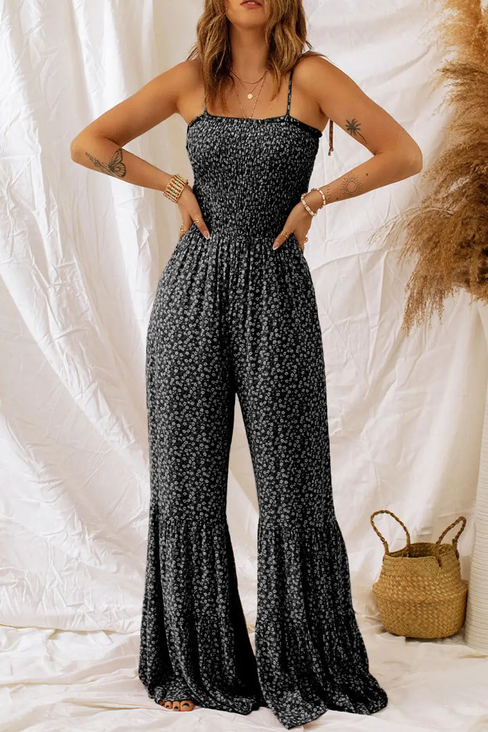 Black Khaki Thin Straps Smocked Bodice Wide Leg Floral Jumpsuit-2