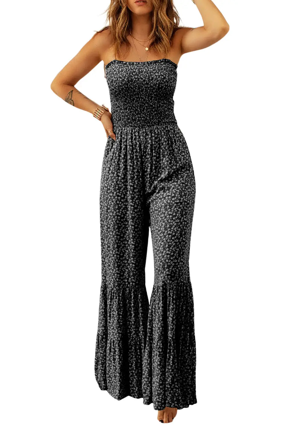 Black Khaki Thin Straps Smocked Bodice Wide Leg Floral Jumpsuit-3