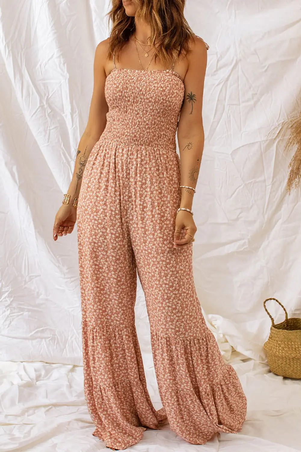 Black Khaki Thin Straps Smocked Bodice Wide Leg Floral Jumpsuit-5