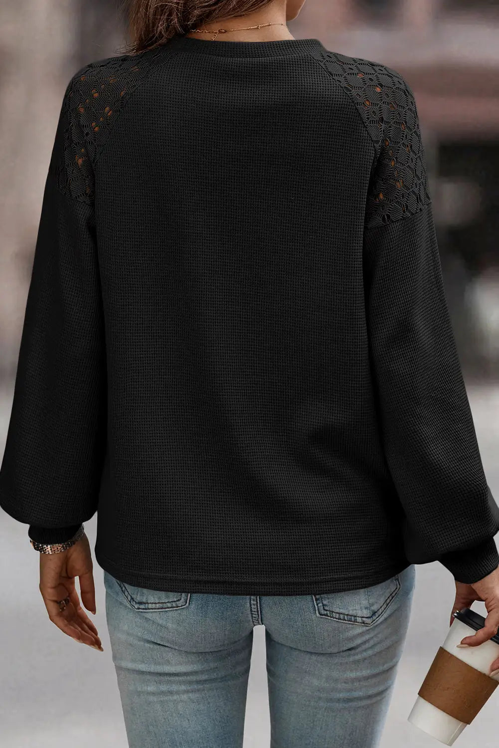 Black Lace Long Sleeve Textured Pullover-2