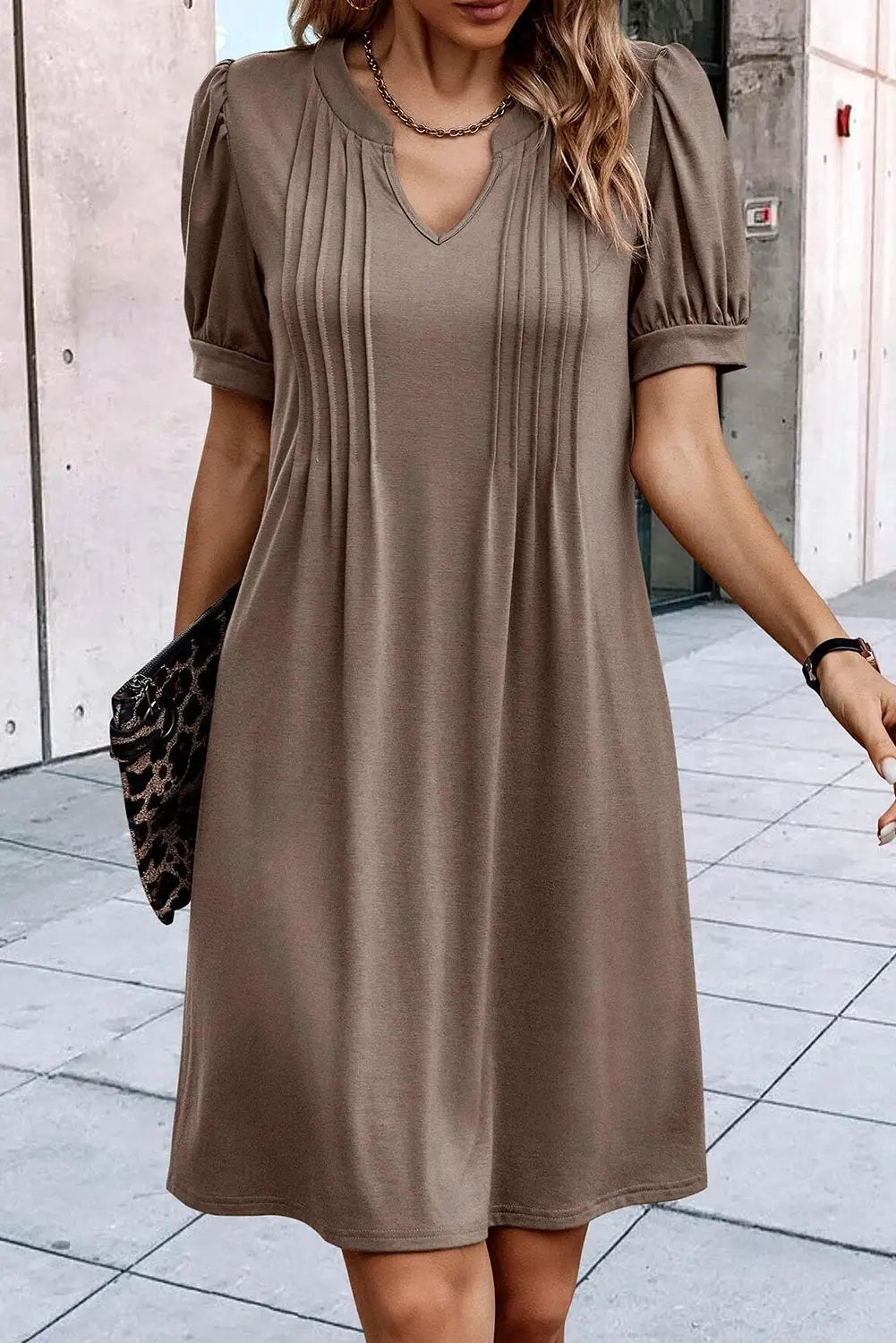 Black Notched Neck Pleated Puff Sleeve Shift T-shirt Dress-13