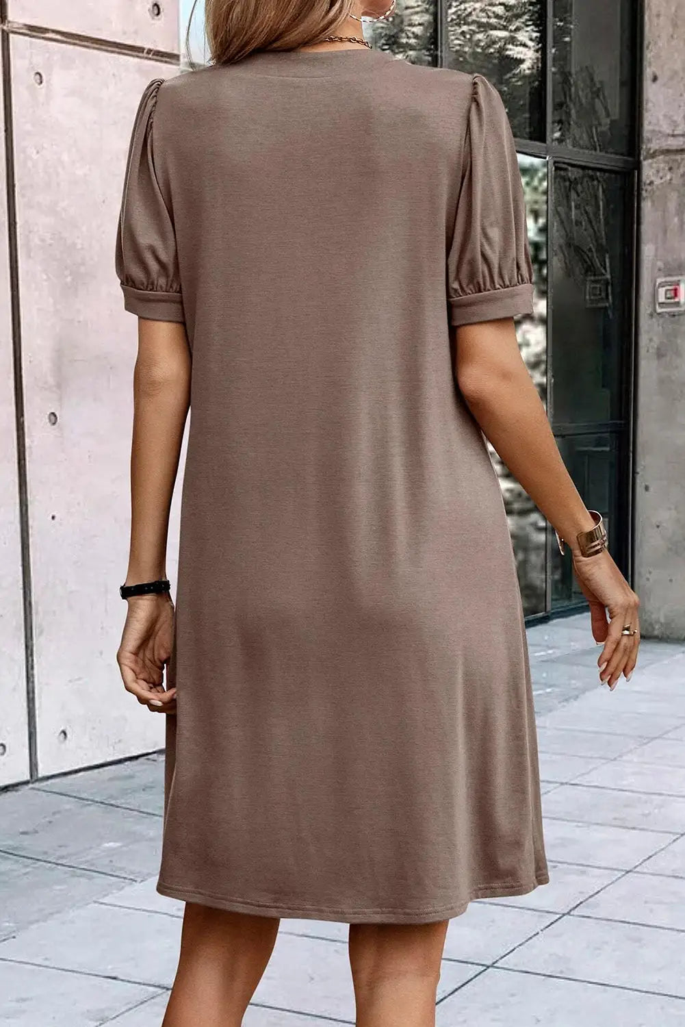 Black Notched Neck Pleated Puff Sleeve Shift T-shirt Dress-10