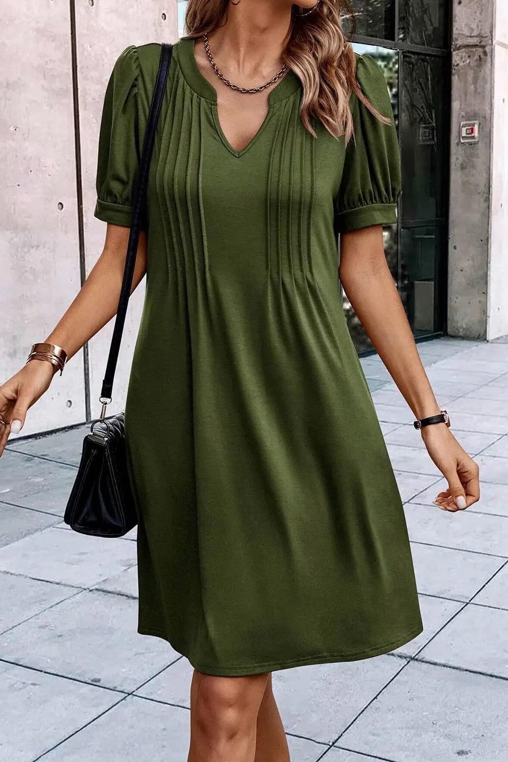 Black Notched Neck Pleated Puff Sleeve Shift T-shirt Dress-6