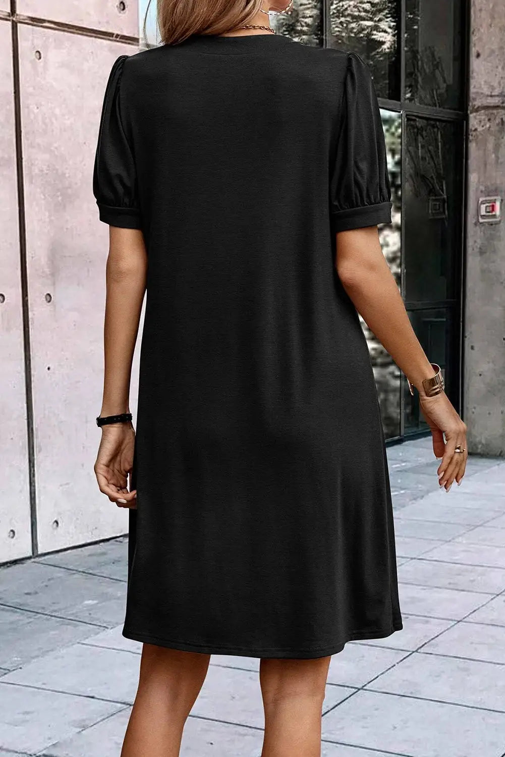 Black Notched Neck Pleated Puff Sleeve Shift T-shirt Dress-1