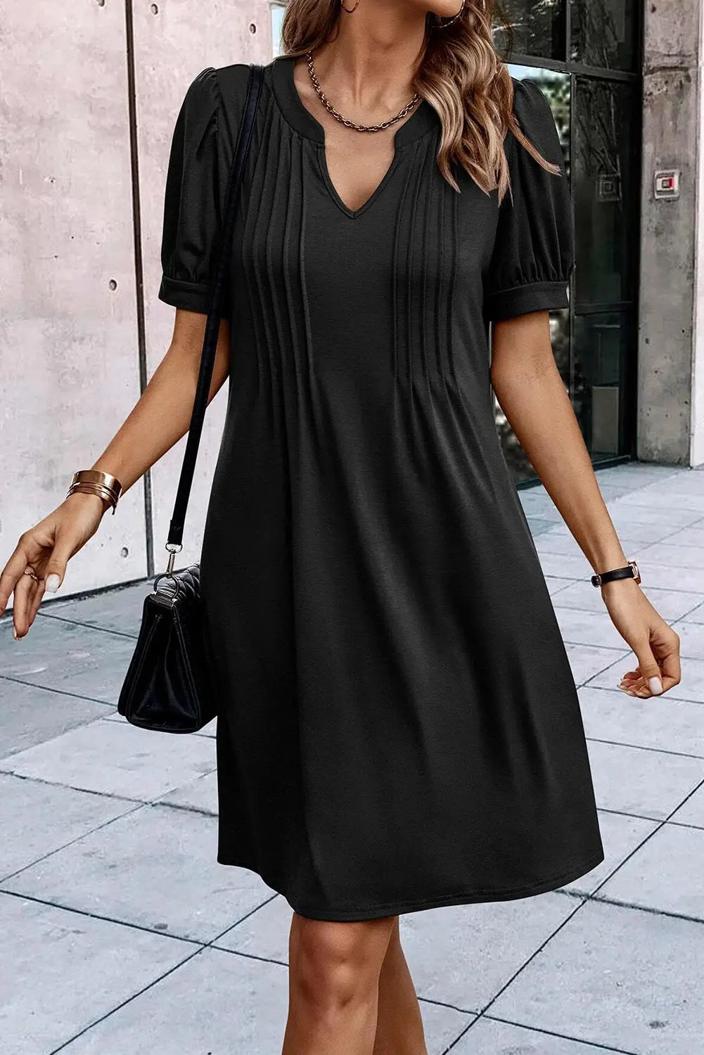 Black Notched Neck Pleated Puff Sleeve Shift T-shirt Dress-2