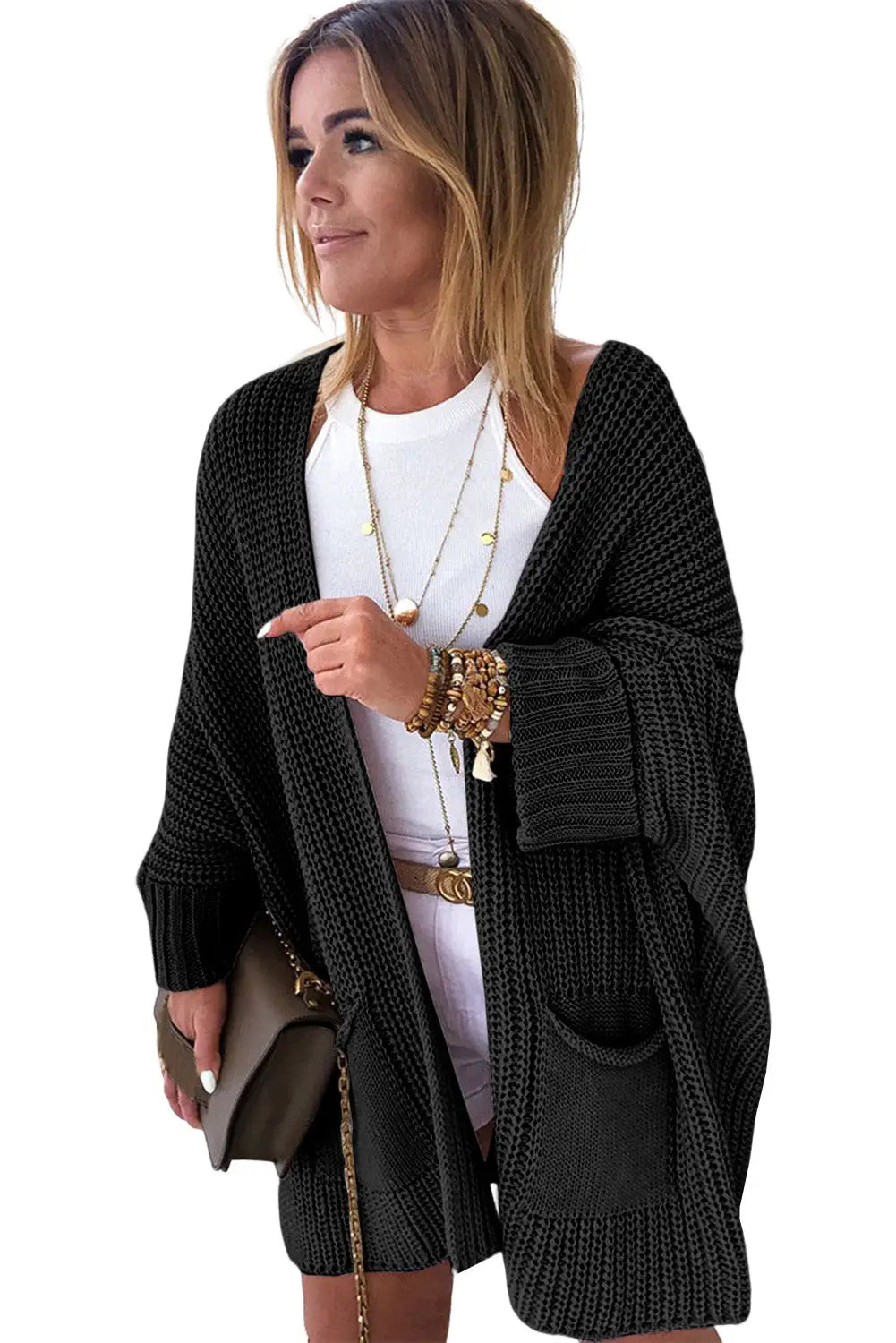 Black Oversized Fold Over Sleeve Sweater Cardigan-4