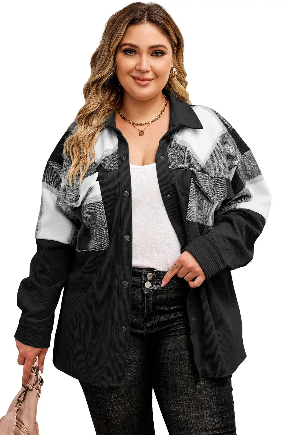 Black Plaid Patchwork Plus Size Corduroy Shacket-5