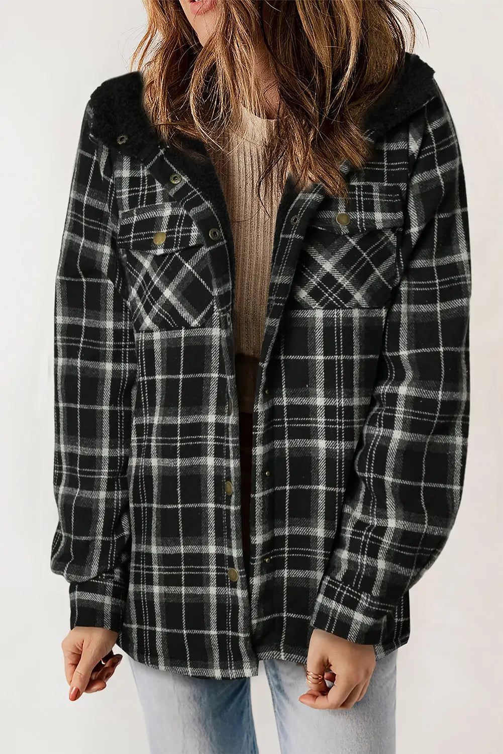 Black Plaid Pattern Sherpa Lined Hooded Shacket-0