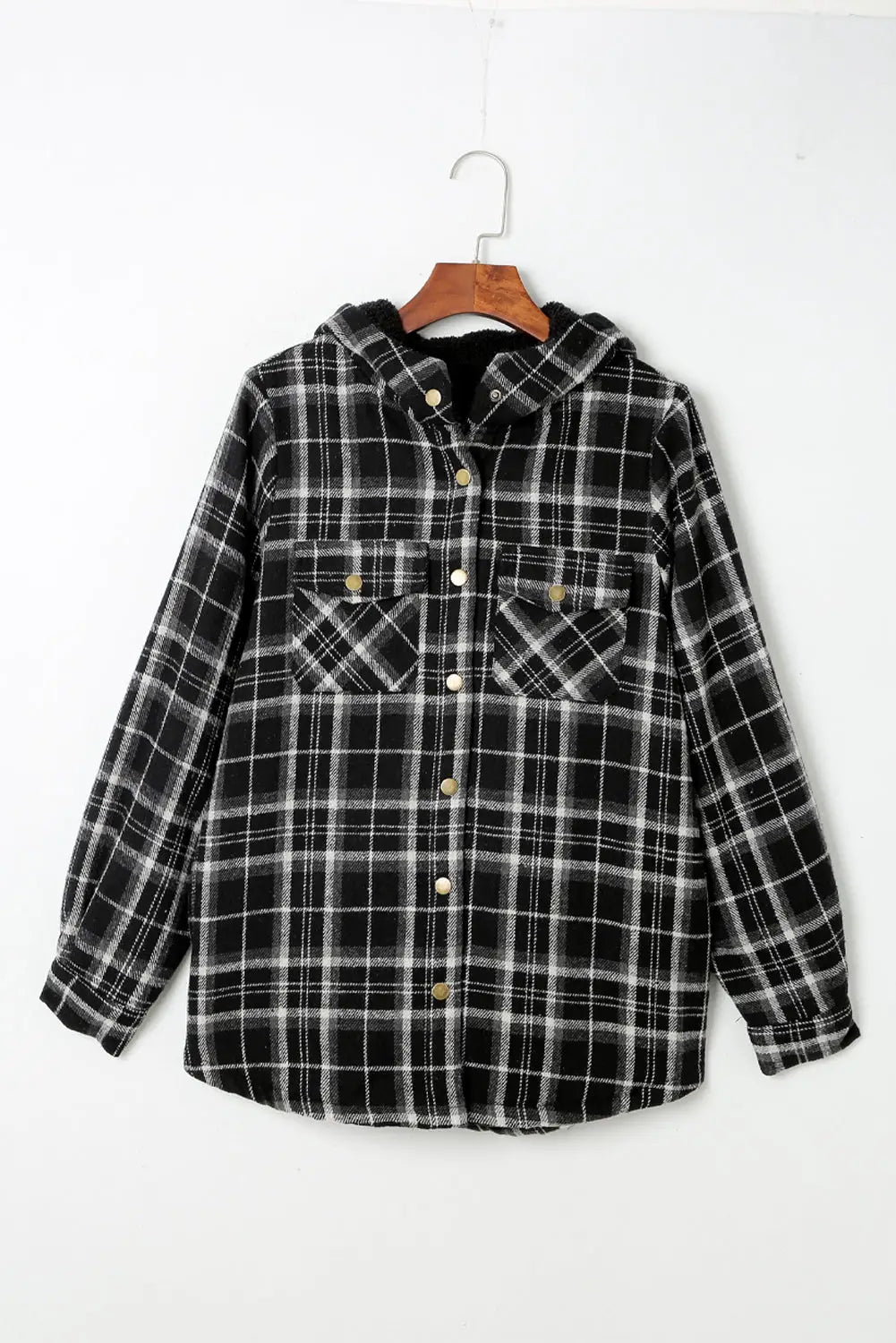 Black Plaid Pattern Sherpa Lined Hooded Shacket-3