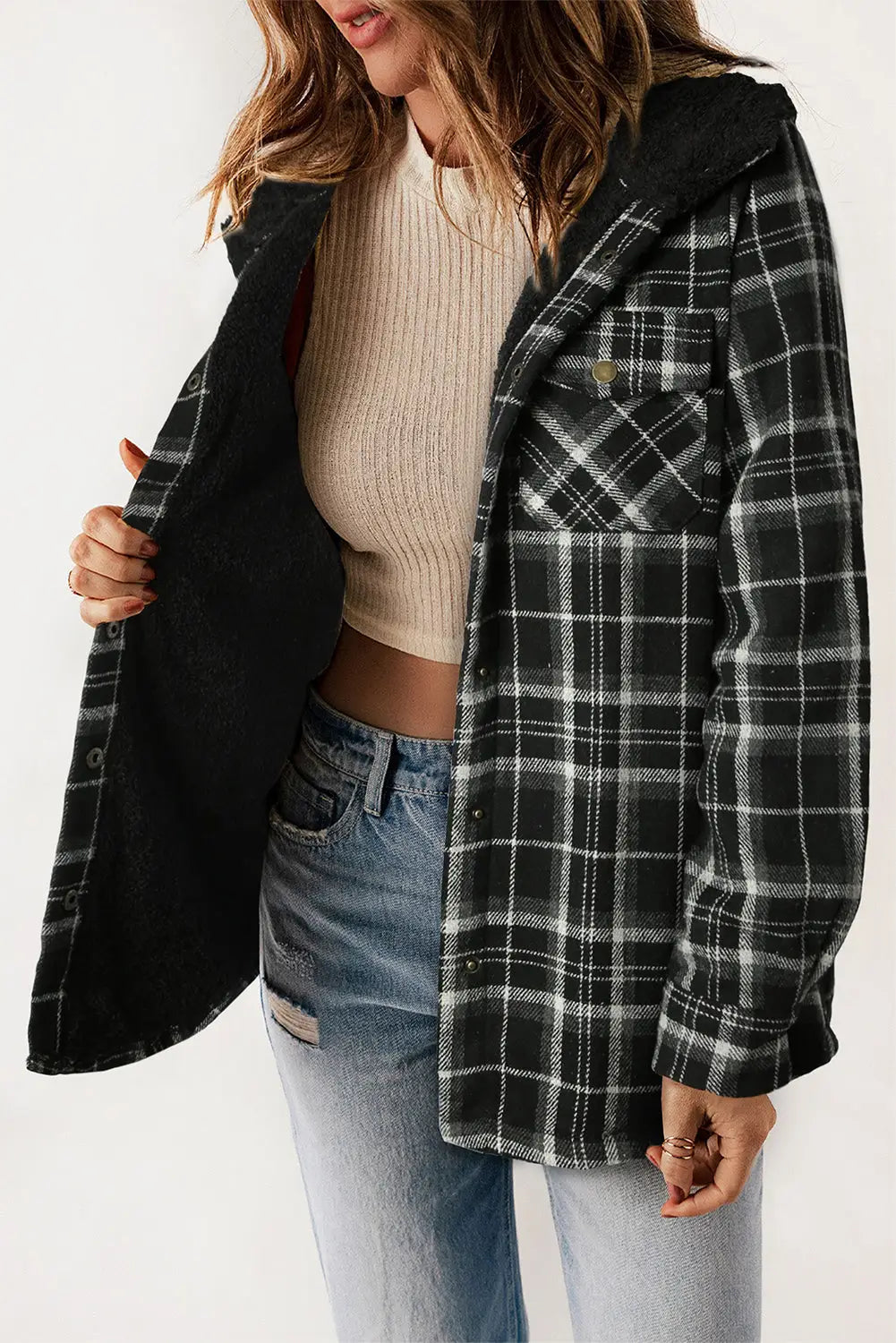 Black Plaid Pattern Sherpa Lined Hooded Shacket-5