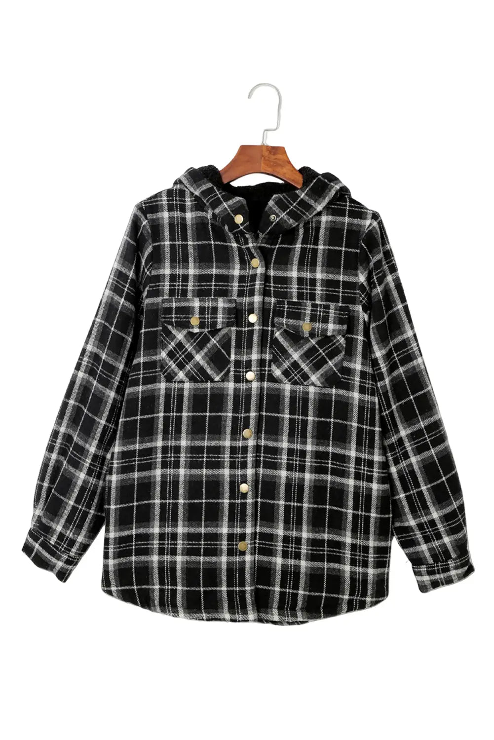 Black Plaid Pattern Sherpa Lined Hooded Shacket-11