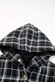 Black Plaid Pattern Sherpa Lined Hooded Shacket-10