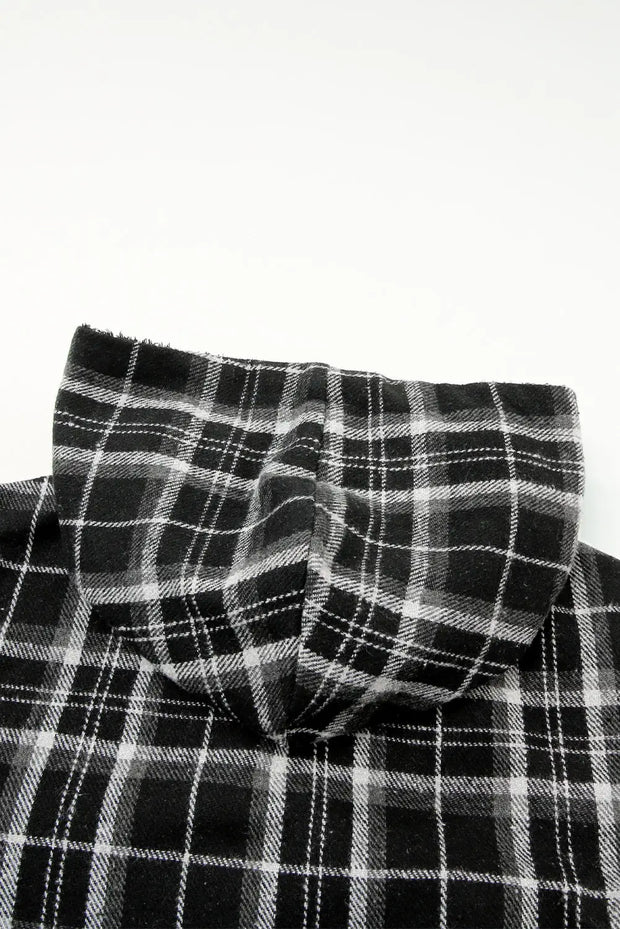 Black Plaid Pattern Sherpa Lined Hooded Shacket-6