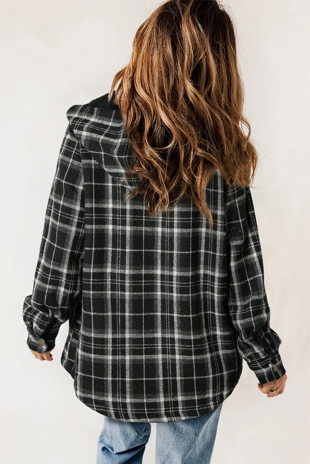 Black Plaid Pattern Sherpa Lined Hooded Shacket-1