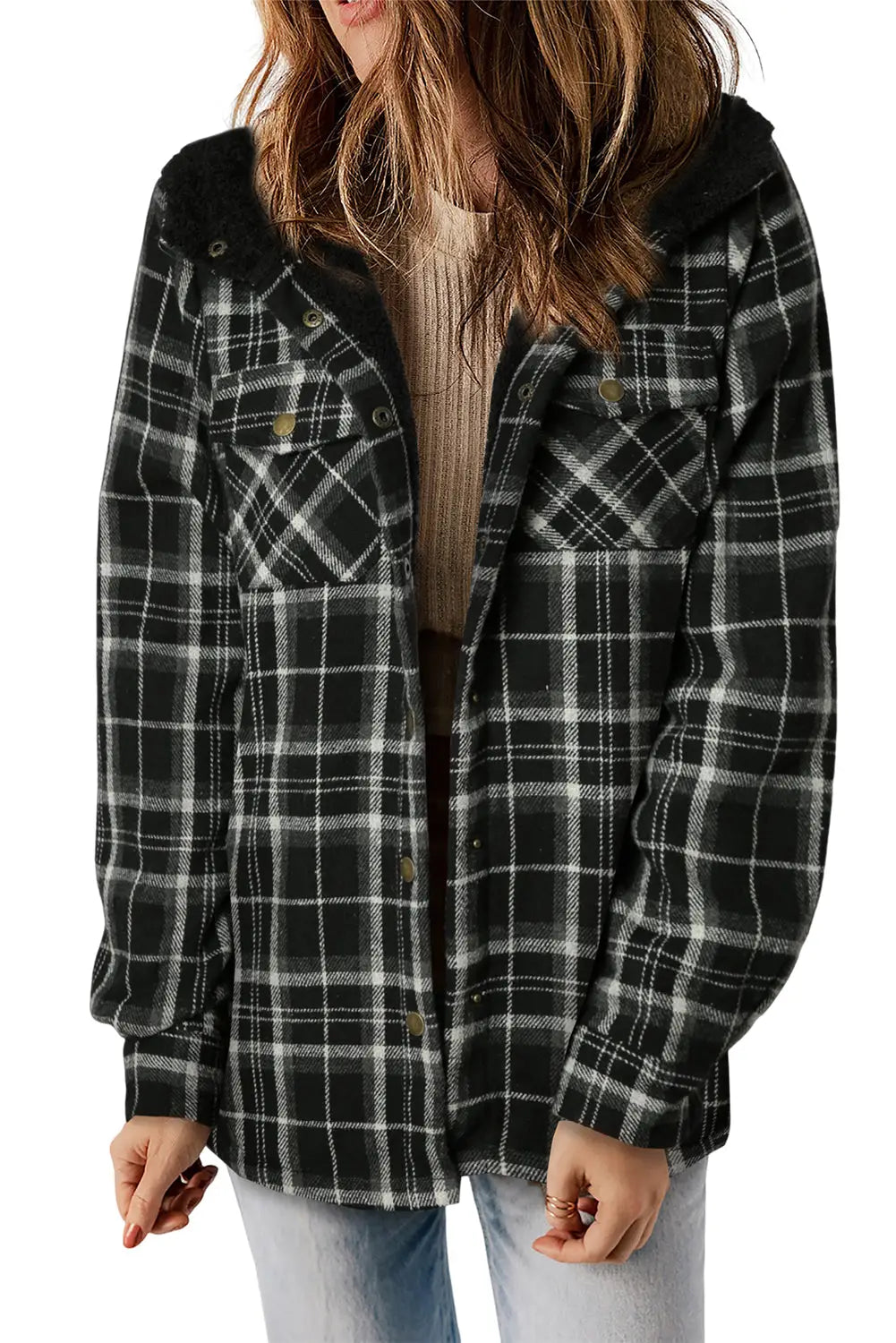 Black Plaid Pattern Sherpa Lined Hooded Shacket-12