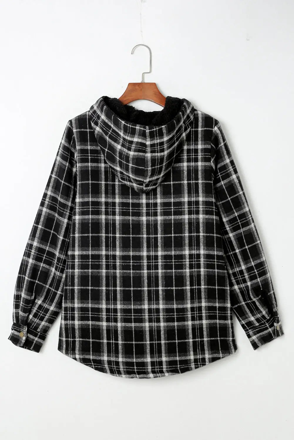 Black Plaid Pattern Sherpa Lined Hooded Shacket-4