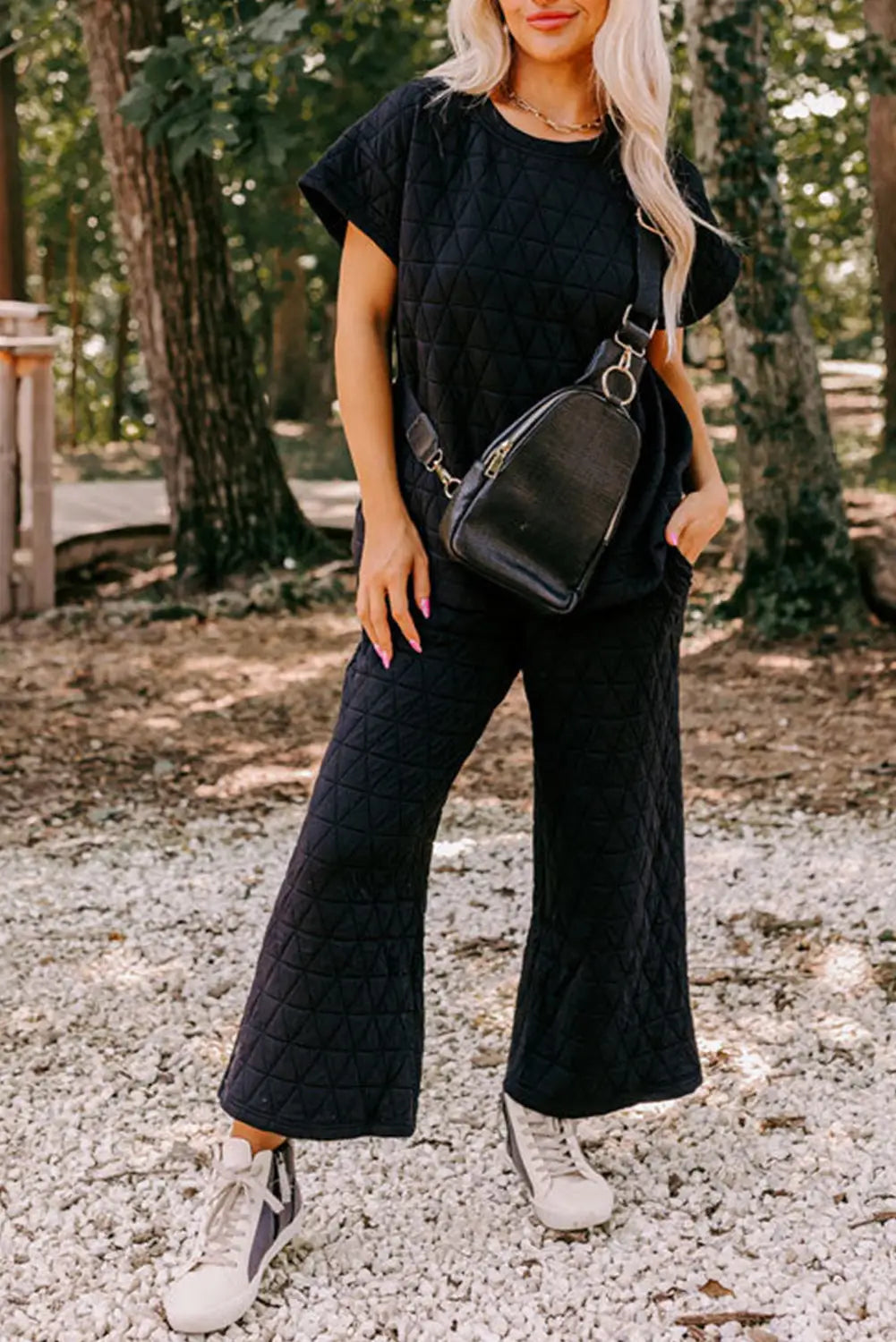 Black Quilted Short Sleeve Wide Leg Pants Set-0