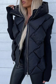 Black Quilted Zipper Front Hooded Vest Coat-0