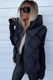 Black Quilted Zipper Front Hooded Vest Coat-5