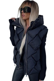 Black Quilted Zipper Front Hooded Vest Coat-6