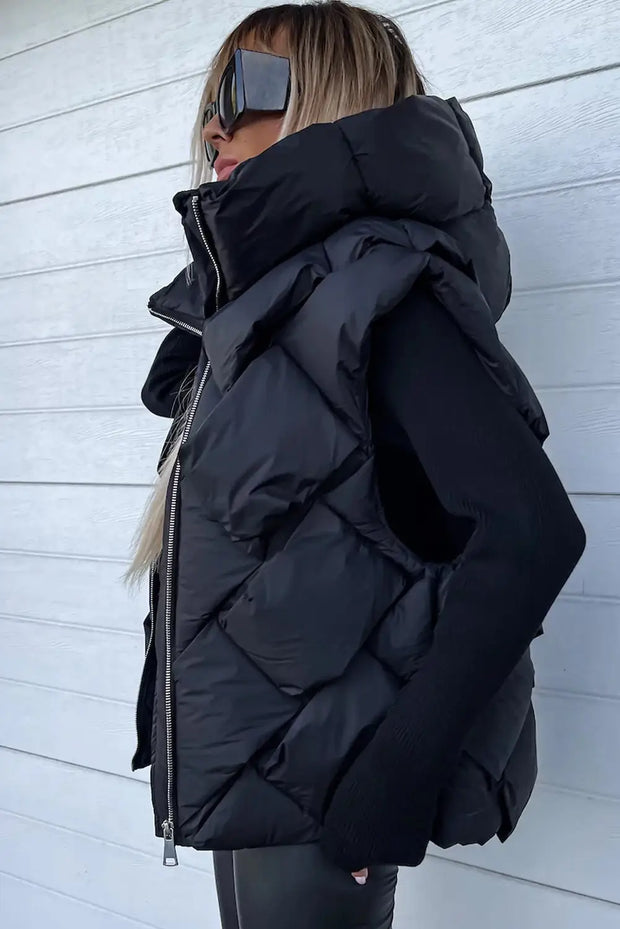 Black Quilted Zipper Front Hooded Vest Coat-2